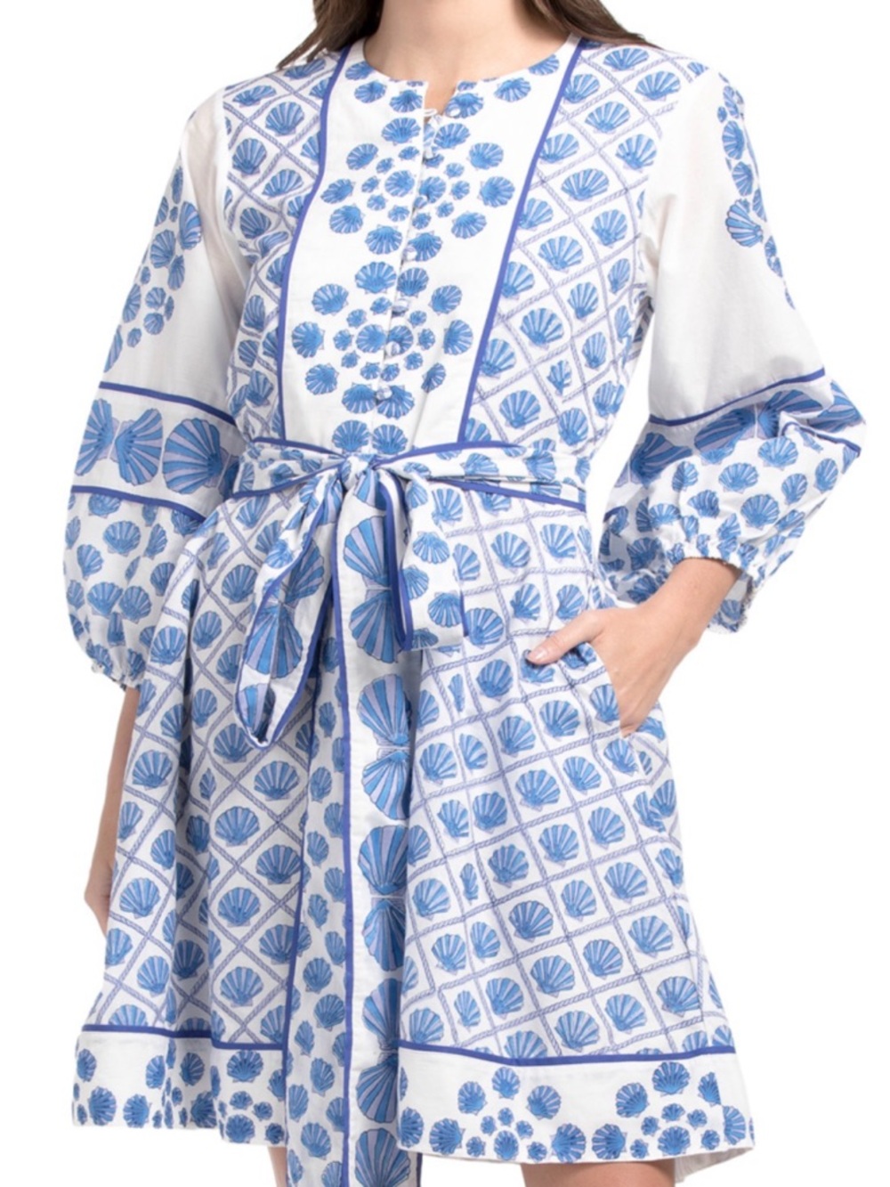 Blue & White Printed Tie-Waist Women’s Dress